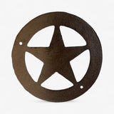 Cast iron star wall badge with aged brown patina finish, dimensional cutout design