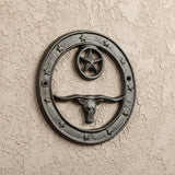 Longhorn and star cast iron wall plaque with decorative border and rustic aged finish