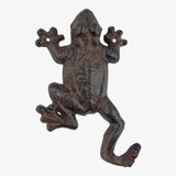 Antique dark brown cast iron frog key hanger with mounting holes, full figure detail