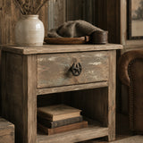 Rustic nightstand with black cast iron horseshoe star drawer pull and western decor