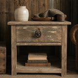 Front view of weathered wood nightstand with horseshoe star cabinet pull
