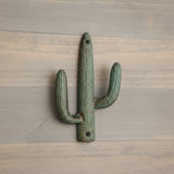 Verdigris cast iron cactus hook with textured finish and dual mounting points for southwest decor