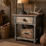 Rustic nightstand with black cast iron star drawer knob and western decor