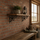 Wood wall shelf with black cast iron western star brackets on a brick wall
