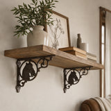 Rustic wall shelf with brown cast iron horse brackets and equestrian decor
