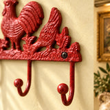 Rooster and Hen 3-Hook Rack, Red Cast Iron Kitchen Hooks, 7" 58460 shot 3