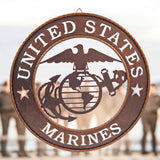 Marines emblem cast iron wall decor, brown laser cut finish, 17.5 inch military accent