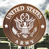 Cast iron Army seal wall decor, brown wooden laser cut design, 17.5 inch military accent