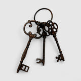 Three decorative cast iron vintage skeleton keys with rope ring, aged bronze patina detail