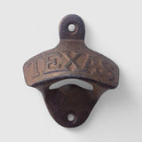 Cast iron Texas star bottle opener wall mount with weathered brown patina and hardware
