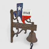 Cast iron Texas bell with painted state map, blue and red patriotic colors, antique bronze
