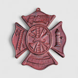 Red cast iron fire service plaque, detailed Maltese cross truck engine relief, vintage decor