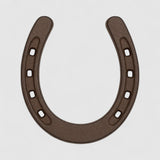Brown cast iron horseshoe charm with square nail holes, isolated on white background