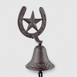 Horseshoe star cast iron bell chime with clapper, rustic textured brown finish