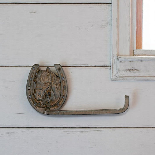Cast Iron Horse Head and Horseshoe Tissue Holder - Rustic Western Farmhouse Bathroom Decor, Cowboy Ranch Accent