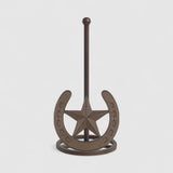 Brown cast iron paper towel holder stand with star and horseshoe design, full product view