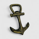 Bronze cast iron anchor bottle opener, full view showing textured weathered patina