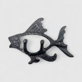 Cast iron nautical fish hook with scale detail and two mounting hooks, weathered black patina