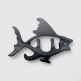 Black cast iron decorative fish wall hook with organic wavy body, mounted hooks visible from side