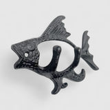 Textured cast iron fish-shaped wall hook, black finish, two metal hooks, front view detail