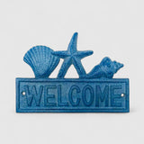 Blue textured cast iron welcome sign featuring sea creatures shell starfish seahorse