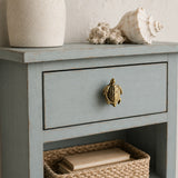 Brass sea turtle drawer knob on a distressed blue coastal nightstand drawer