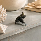 Back view of sea turtle drawer knob with mounting screw on distressed blue wood surface