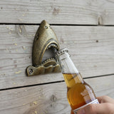 Antique brass cast iron shark bottle opener with open mouth design for wall mounting