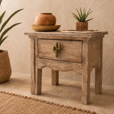 Rustic side table with antique brass cactus drawer knob and desert style decor
