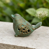 Side view of mint green cast iron bird shelf decor with bronze undertones, SKU GB78055