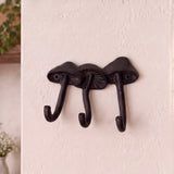 Front view of dark brown cast iron mushroom 3-hook rack for keys, aprons, towels, or leashes, SKU GB78067
