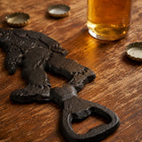 Close-up of textured black cast iron Sasquatch bottle opener, SKU GB78071