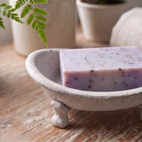 Clawfoot soap dish on a bathroom vanity with towel and plants, SKU GB78082