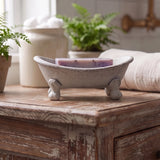 Side view of antique white clawfoot bathtub soap dish for bathroom counters, SKU GB78082