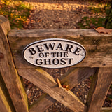 Close view of raised black lettering on cream Beware of the Ghost wall plaque, SKU GB78095