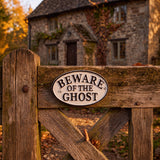 Small cast iron Halloween ghost warning sign for porch or gate display, SKU GB78095