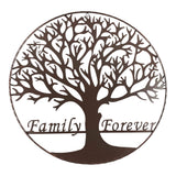 Round metal tree-of-life family forever decorative wall art sign, outdoor view detail