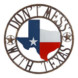 Texas metal wall sign with Dont Mess with Texas text, rustic brown finish, star detail