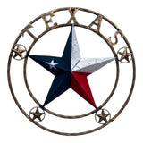 Texas star cracked metal decor sign with twisted rope border and four corner stars, bronze textured finish