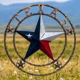 24 inch Texas star cracked metal wall art with twisted rope ring and corner stars in patriotic colors