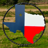 Texas metal sign with rope ring, blue and red patriotic state design in outdoor setting