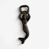 Antique brown cast iron mermaid bottle opener detailed product view with weathered patina finish