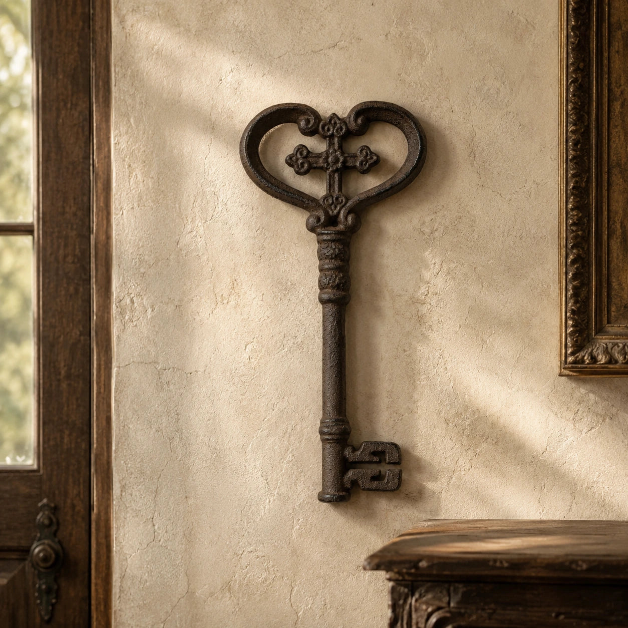 Oversized cast iron skeleton key wall decor hanging on a textured plaster wall