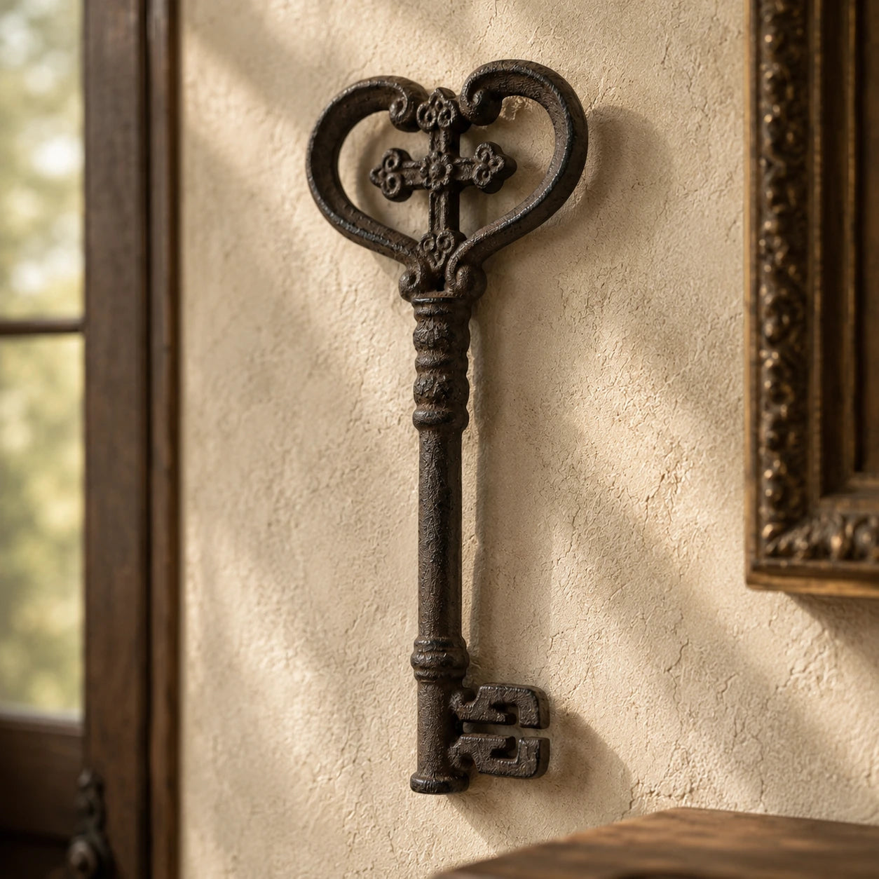 Angled view of ornate cast iron skeleton key wall hanging with heart-shaped bow