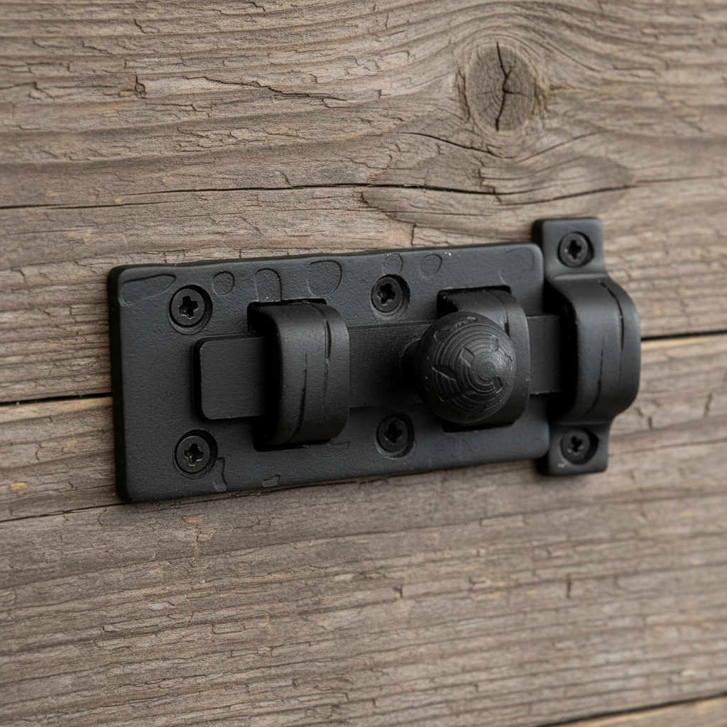 Black cast iron slide bolt latch on weathered wood background, rustic vintage door hardware