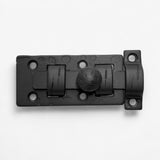 Flat lay of cast iron latch base plate, back view showing mounting holes and knob detail
