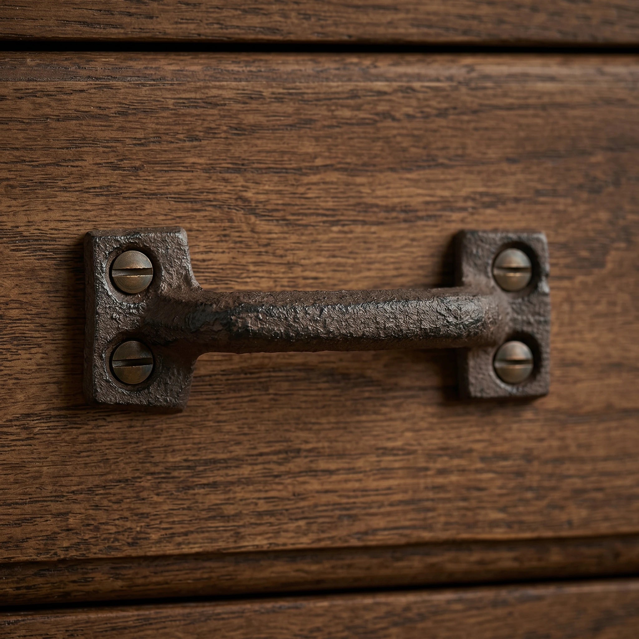 Close-up of dark cast iron drawer pull mounted on a wood drawer front