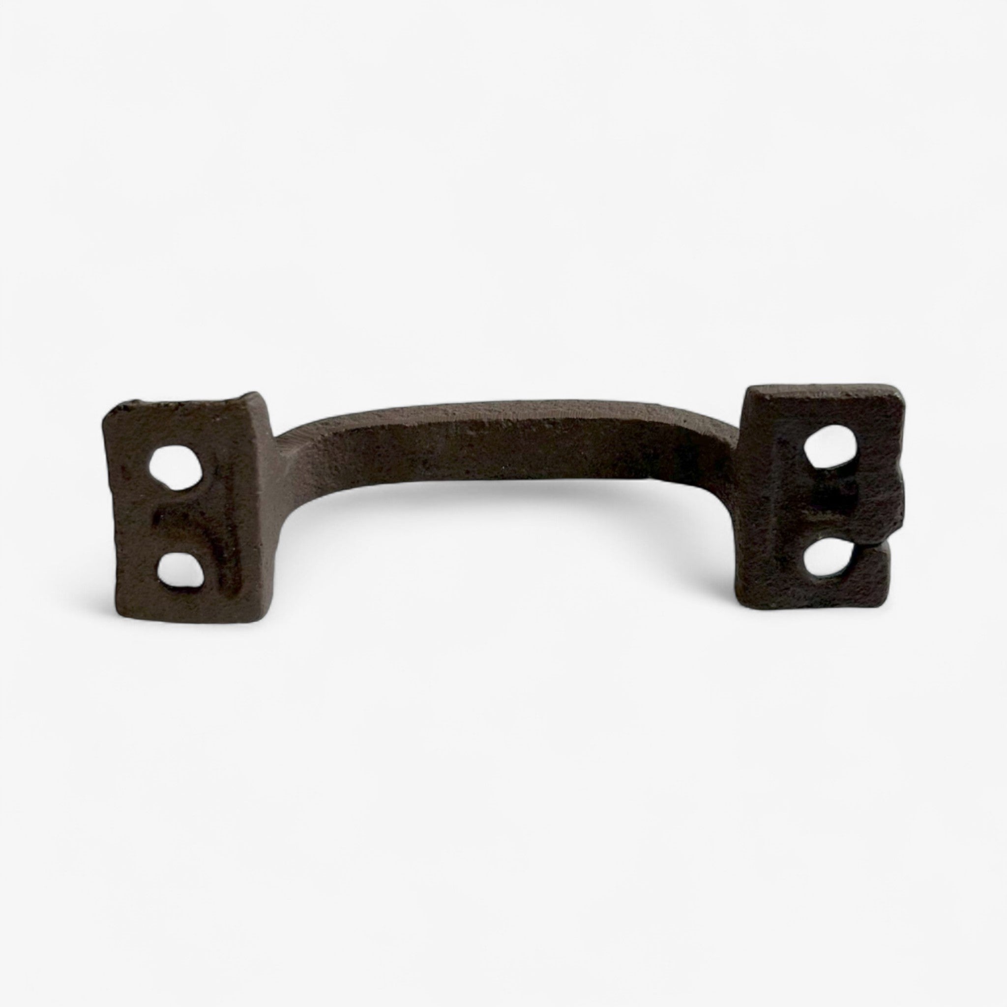 Heavy-duty cast iron drawer pull with curved arch design and worn dark finish
