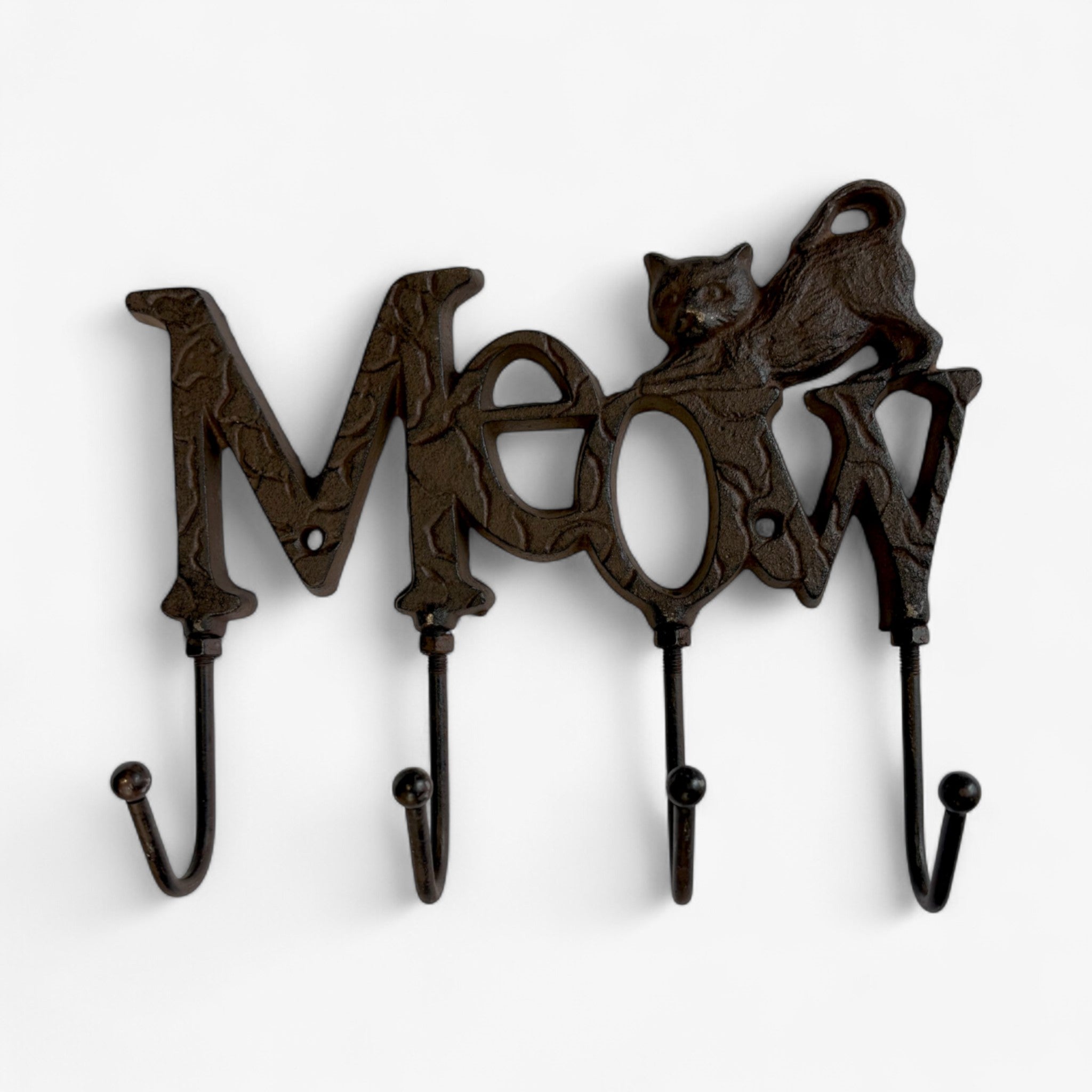 Whimsical Cast Iron Meow Cat Hook Rack, Rustic Wall Organizer