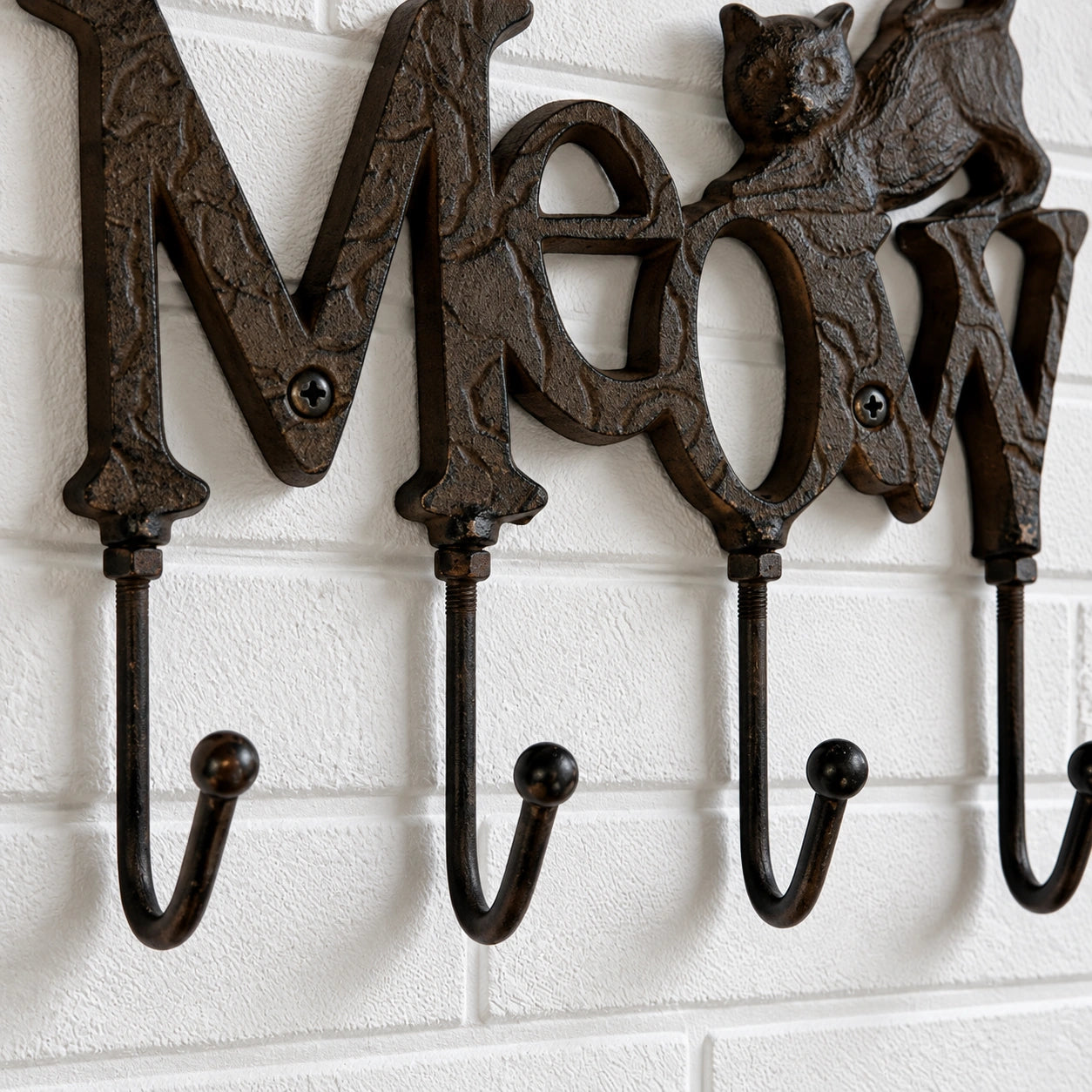 Meow Cat Hook Rack, Cast Iron 4-Hook Wall Mount for Coats and Keys, 8" 56563 shot 3